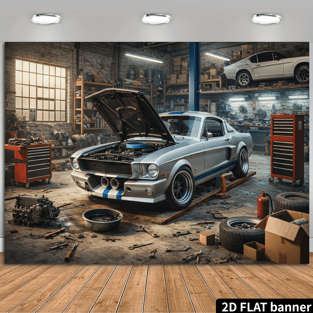 Auto Repair Shop Background - ผ้าพื้นหลังรูปทรงรถสปอร์ตสีเงิน ร้านซ่อมรถยนต์สไตล์เรโทร 2 มิติ ฉากซ่อมรถคลาสสิกสไตล์มัสเซิลคาร์